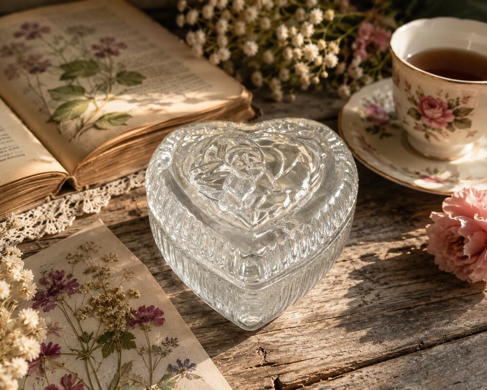 Vintage Home Interiors Heart Glass Trinket Box Frosted Rose